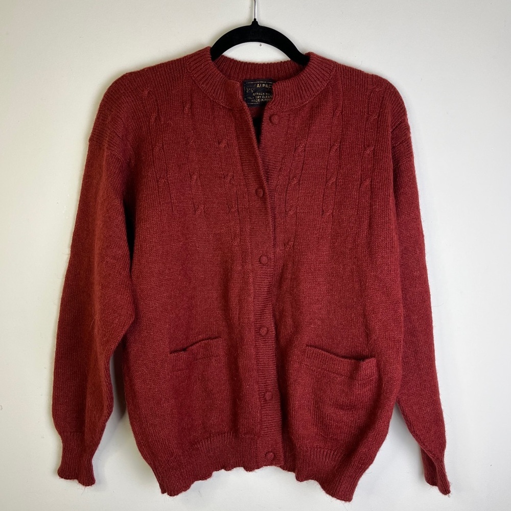 Vintage Peruvian Alpaca Wool Cardigan Sweater M Red Grandpa Preppy Fall Academia - Picture 3 of 8